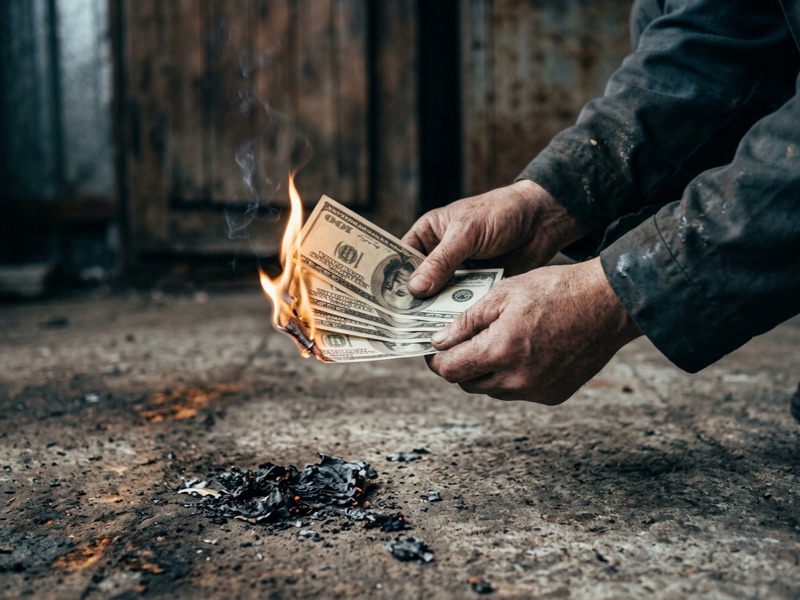 Hands holding a fan of burning dollar bills over ashes on a concrete floor