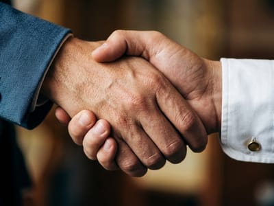 Two men shaking hands, one in a blue jacket and one in a white shirt